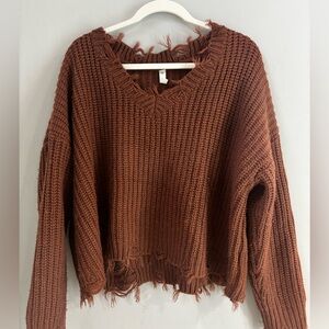 Wishlist Rust frayed boho distressed cropped sweater